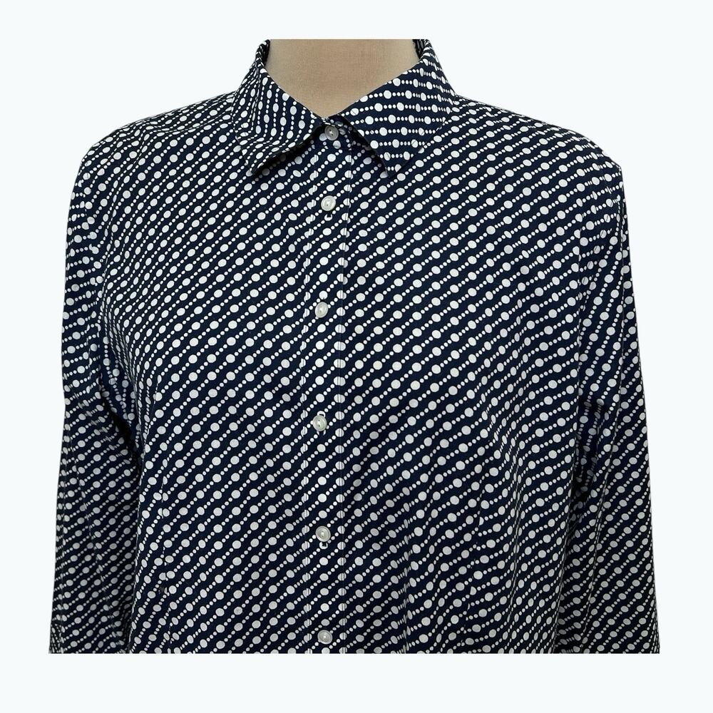 Talbots Button Up Blouse Polka Dot Size 14 Navy Blue White Career Classic Chic